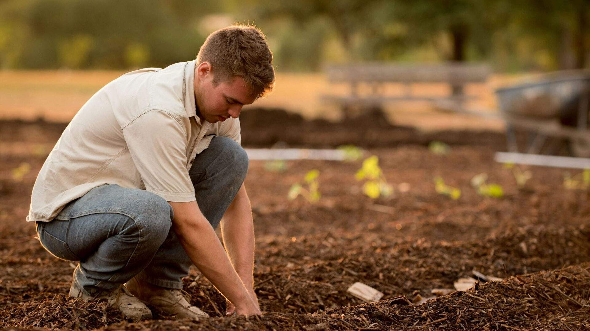 a young farmer planting seeds on a farm